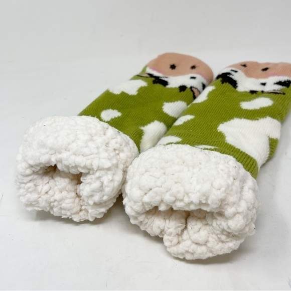 Multicolor COW Knit Green Pink Ivory Bootie Slippers Faux Shearling Lining OS - Picture 4 of 4
